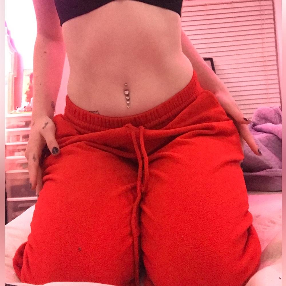 Red fuzzy sweatpants